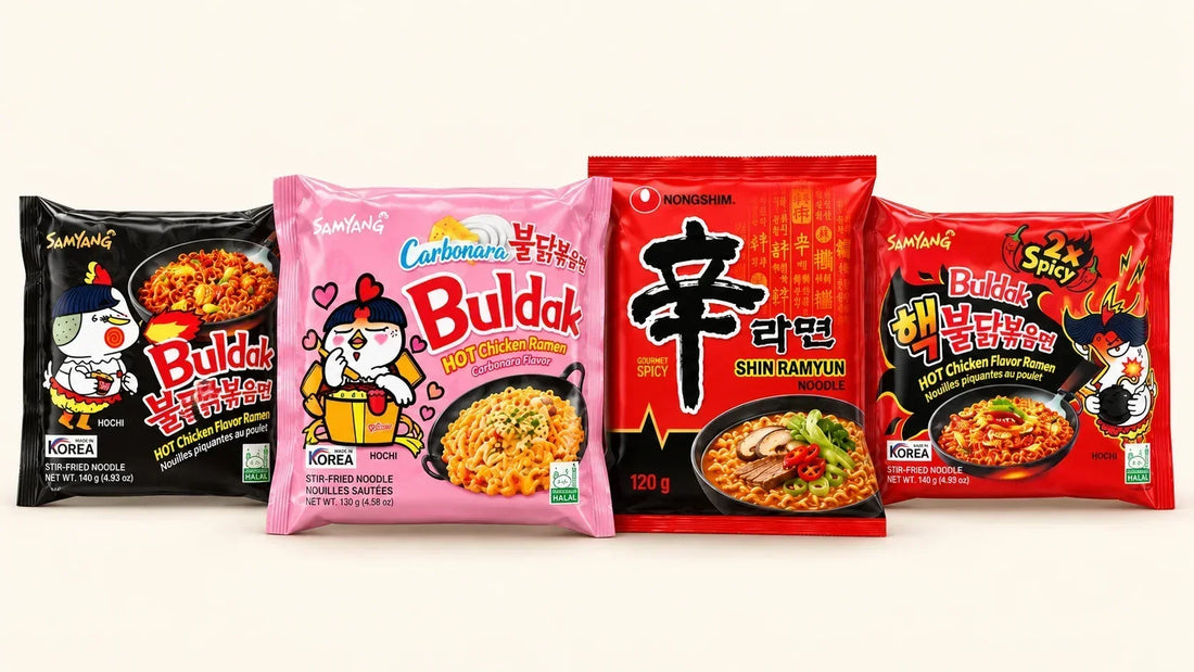 Samyang Buldak and Nongshim Shin Ramyun Korean noodles compared by flavour and spice