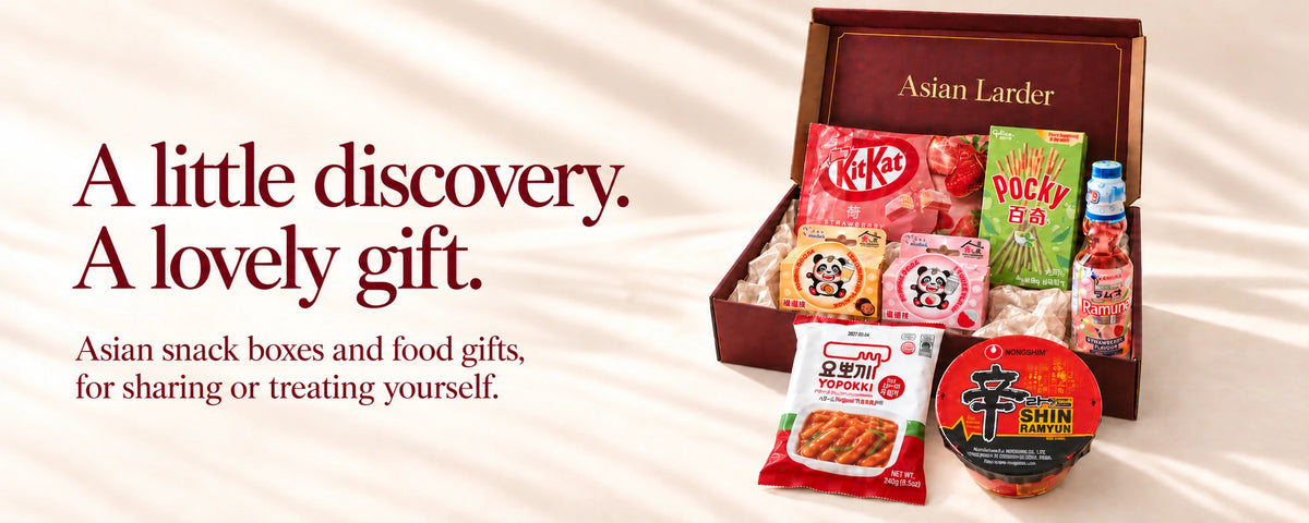 Asian Larder gift box with assorted snacks, noodles and a Ramune drink