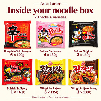 Box contents: 6 Shin Ramyun, 4 Buldak Carbonara, 3 Buldak Original, 1 Buldak 2x Spicy, 3 Jin Jjajang and 3 Jin Jjambbong