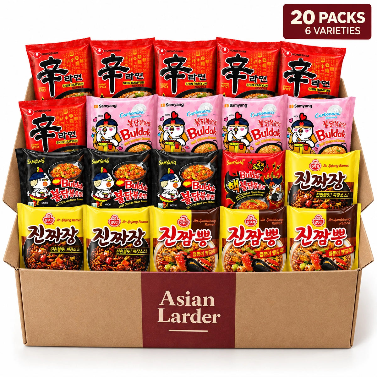 Asian Larder box with 20 Korean instant noodle packets across six varieties from Samyang, Nongshim and Ottogi