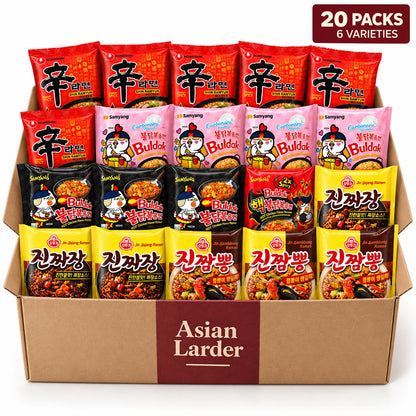 Asian Larder box with 20 Korean instant noodle packets across six varieties from Samyang, Nongshim and Ottogi